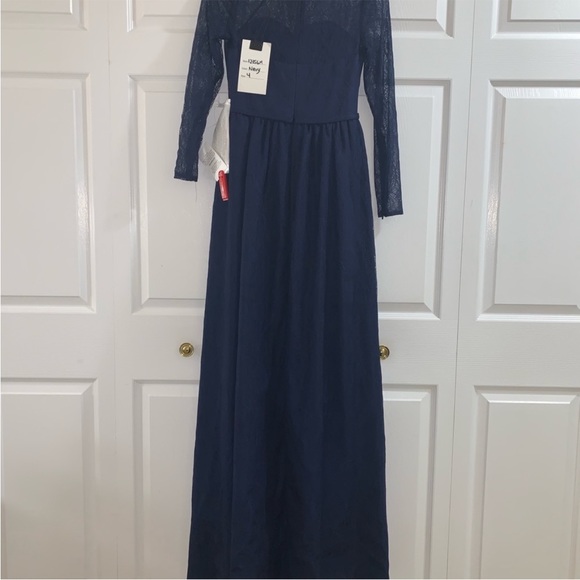 NEW Mac Duggal 12356D Navy Lace Long Sleeve Dress Gown w/ Overskirt Size 4 - Picture 3 of 6